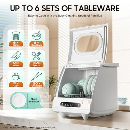 5 functions Countertop Dishwasher with 5L Water Tank,Upgrade Hot Air Dry Function,800W White Portable Dishwasher for Clean Dishes Knives Vegetables Fruits,161.6? High Temp