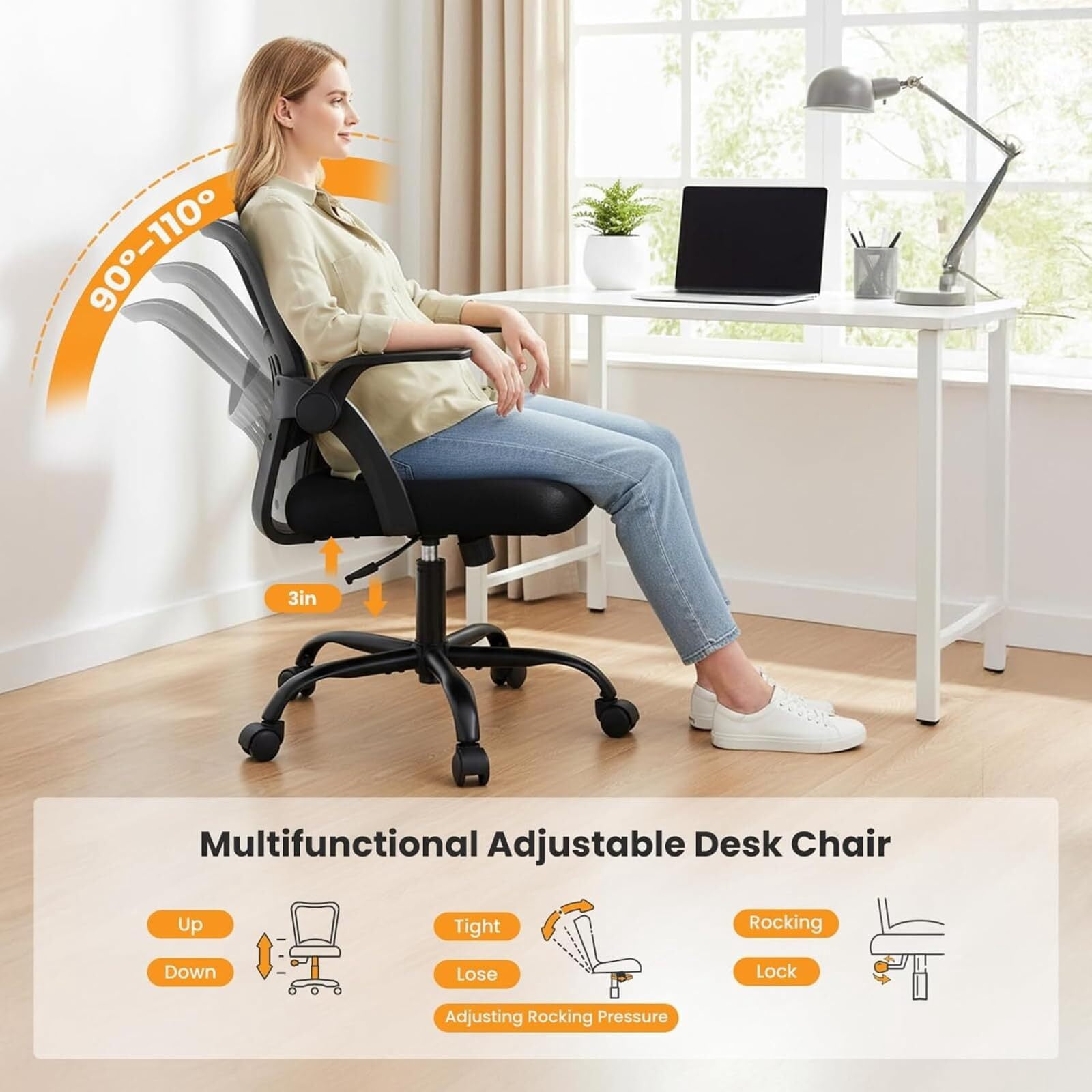 Kelno Ergonomic Mesh Office Chair Mid Back Desk Chair with Lumbar Support Flip-up Armrests Adjustable Height Swivel Task Chair, Black
