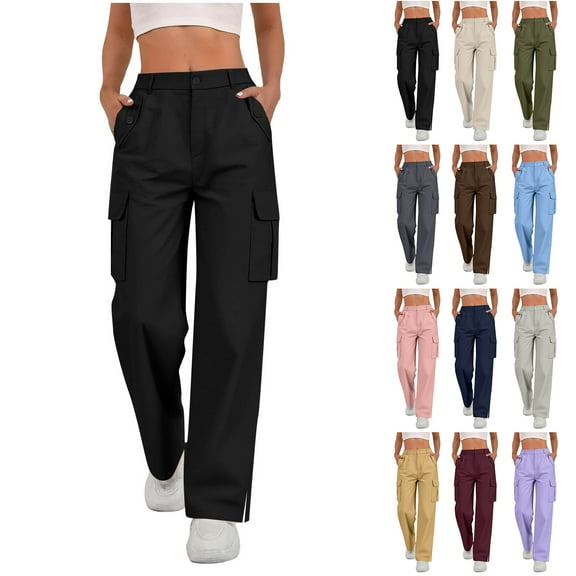 Bloomae Cargo Pants for Women Casual Button Elastic High Waisted Trousers Side Slit Work Pants Loose Baggy Stretchy Wide Leg Y2K Streetwear with Multi-Pockets Army Green M