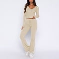 thumbnail image 3 of Conjunto de 2 piezas de manga larga para mujer: top con cuello en V y pantalones anchos, poliéster y spandex, tallas S-XL, 3 of 7