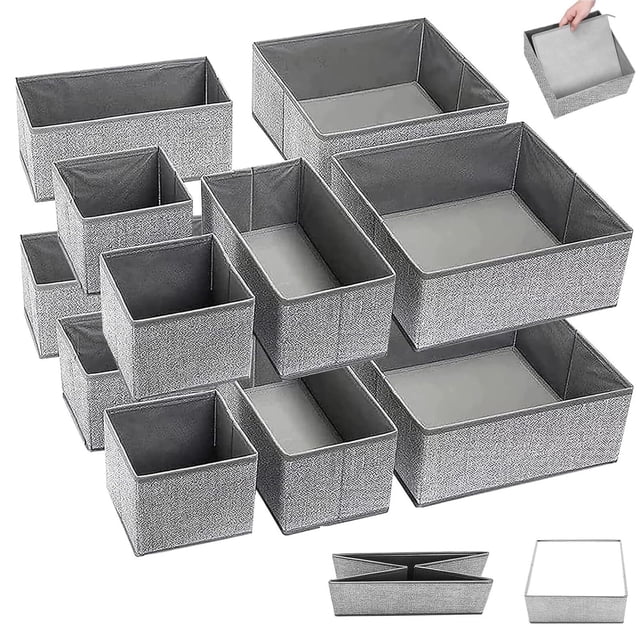 12 Organizador de Cajones para Ropa - Con Placa Inferior Cómoda, Organizador de Cajones de Tela, Organizadors de Calcetines y Ropa Interior, Organizadors de Armario - Gris Claro
