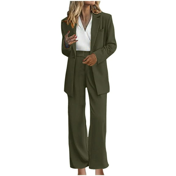 Women's Business Suits 2 Piece Lapel Slim Fitted Office Lady Blazer Pants Dressy Suit Sets Office Work Jacket and Wide Leg Pants Two-Piece Set Green l