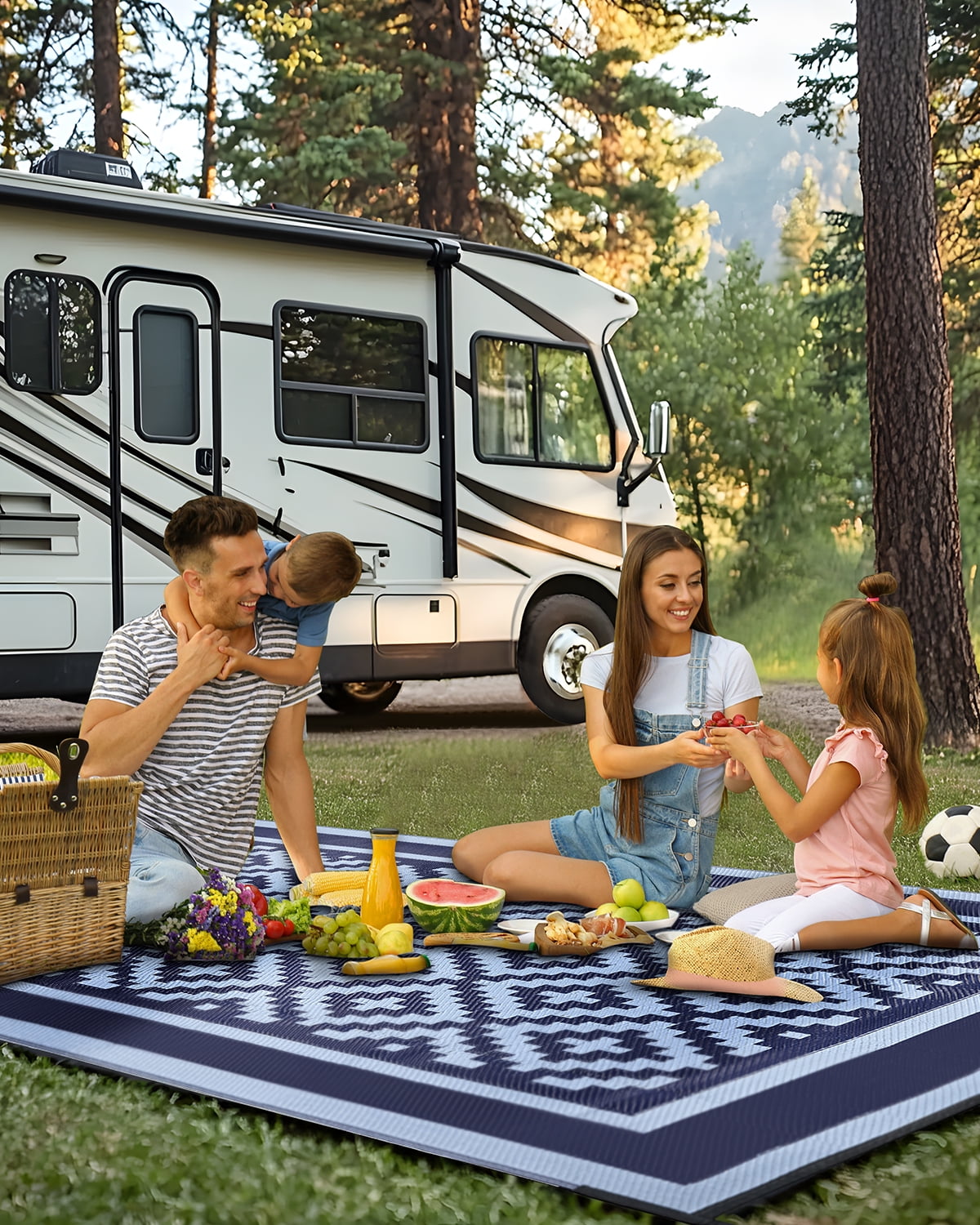 Kohree Outdoor Plastic Straw Rug 9'x12' ,Waterproof Mat with 4 Corner Loops Indoor Outdoor for RV, Camping, Deck ,Balcony (Blue & Light Blue)
