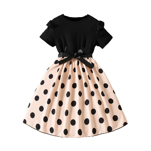 Summer Casual Dress Girl Size 8/11 Point Print Ruffle Hem Pleated Dress Cotton Short Sleeve Kids Clothes, Black, 9 Years