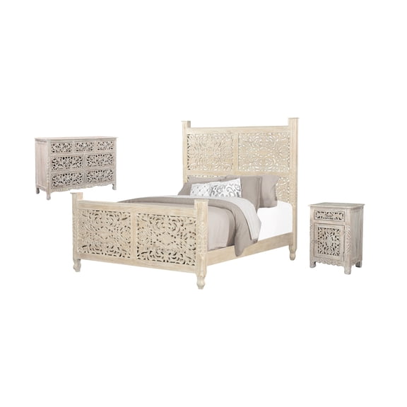 Taran Designs Monte 3-piece Floral Carved Solid Wood Bedroom Set in White