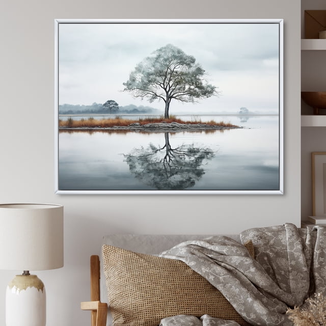 Designart Trees Oversized framed wall art decor, Tree White Framed Wall Art, Muted Tree Reflections on Water , Green Traditional White Framed Wall Art, 32x16 inches White Color Frame