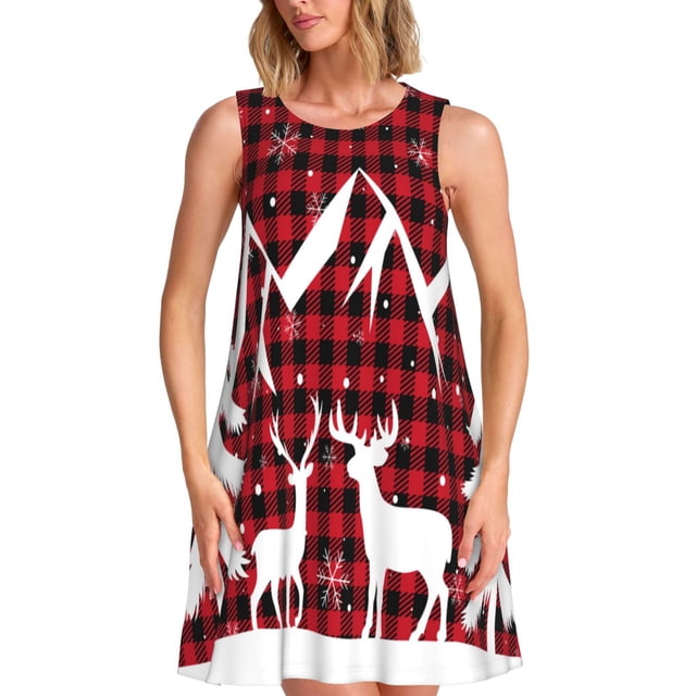 Easygdp Christmas Buffalo Plaid para Vestido Transpirable de Mujer, Vestido Suelto de Manga Corta con Pliegues y Bolsillos para el Verano