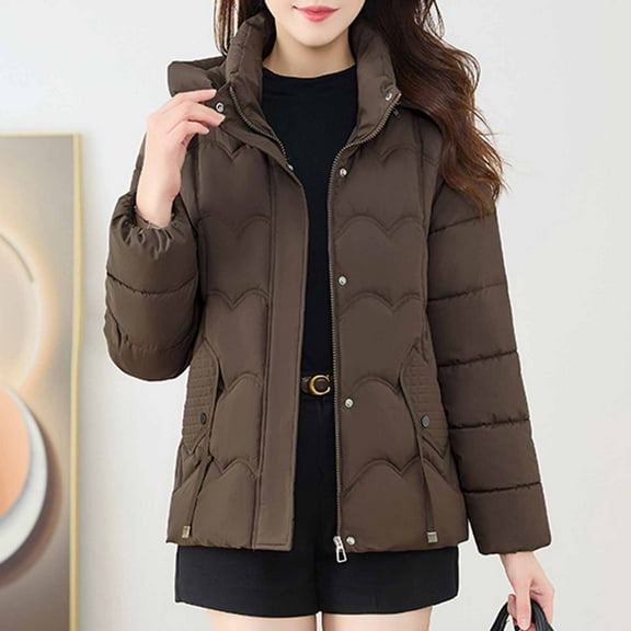 Itsame Puffer Coats for Womens Winter Jackets Hood Pocket Casual Relaxed Zipper Cotton for Women Waterproof Jacket Coffee Size 4XL