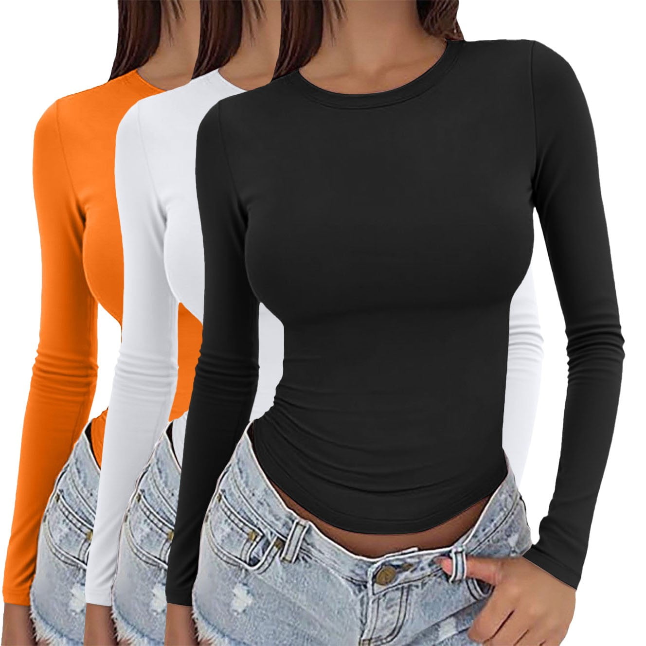 GILIGEGE 3 Pack Long Sleeve Shirts for Women Stretch Fitted Underscrubs Trendy Basic Tops Crew Neck Fitted Tight Workout Tees Lightweight Thermal Tee Y2K Clothes Going Out Fashion 2026 K XS