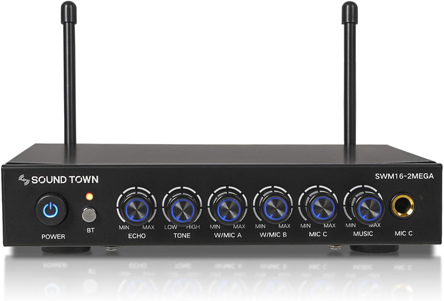 Sound Town 100 Channels Wireless Microphone Karaoke Mixer System with 2 Metal Handheld Microphones, Optical (Toslink), AUX, for Smart TV, Home Theater, Sound Bar (SWM16-2MEGA)