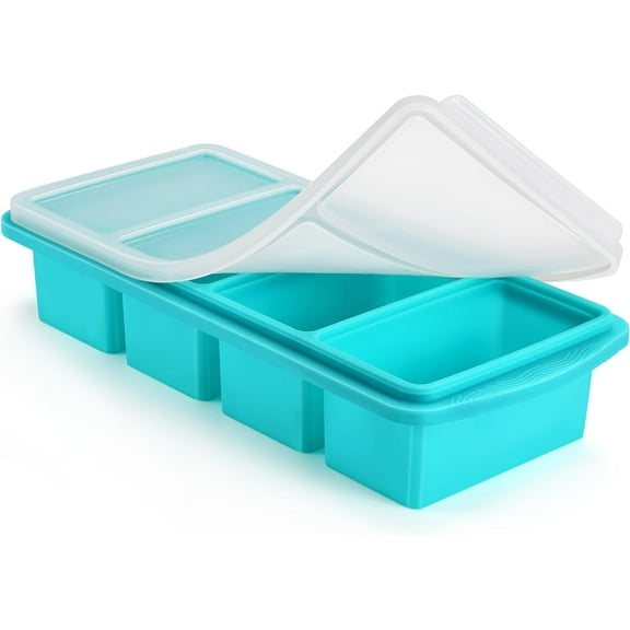 Silicone Freezer Tray with Lid - 1-Cup Capacity Silicone Food Freezer Tray - Large Ice Cube Freezer Mould - Kitchen Storage Container for Freezing Soups, Sauces, Leftovers and Homemade Meals