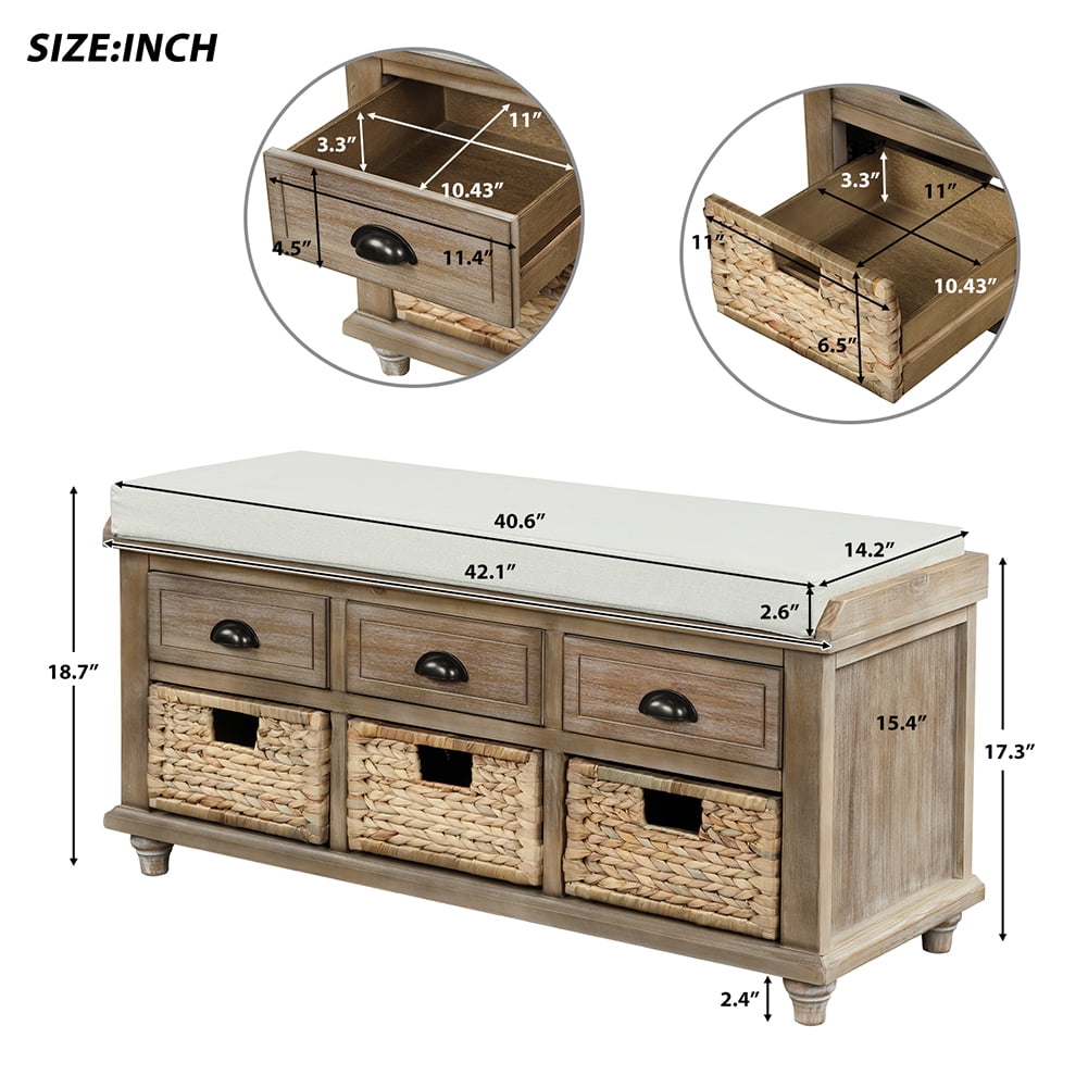 Lowestbest Shoe Bench with Removable Cushion, Rustic Storage Bench with 3 Drawers and 3 Rattan Baskets (Brown) Lowestbest Shoe Bench with Removable Cushion, Rustic Storage Bench with 3 Drawers and 3 Rattan Baskets (Brown)