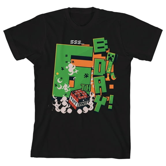 Minecraft 6th B Day Boy's Black Crew Neck Short Sleeve T-shirt-Medium