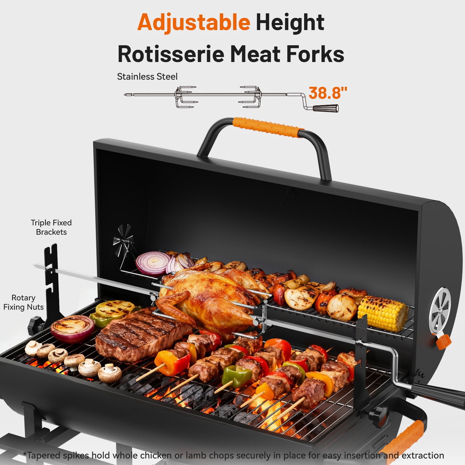 KEYO GRILL Large  Charcoal Grill with Foldable Table, Rotisserie & Dual-Zone Charcoal Pans, Black