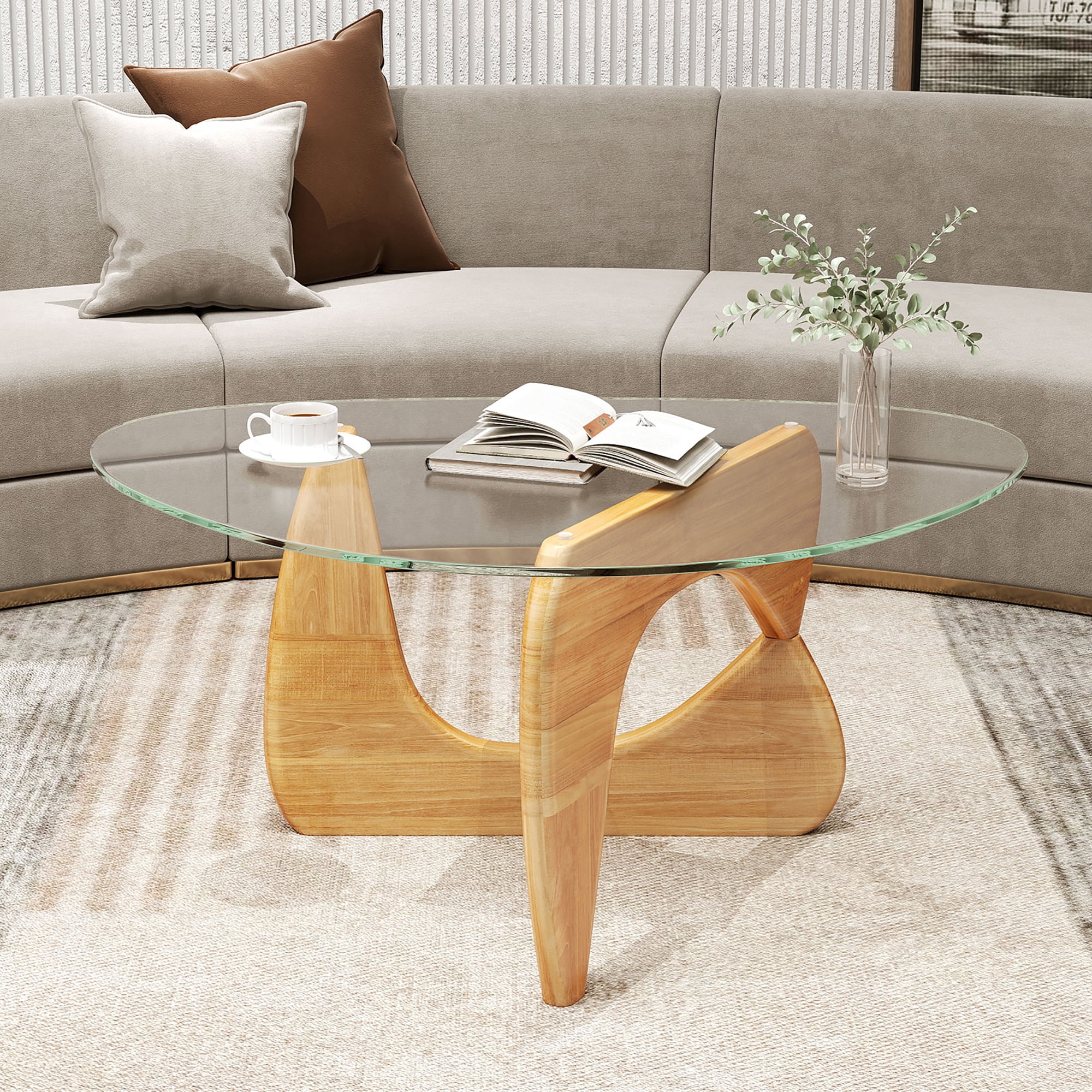 Gymax Triangle Coffee Table w/ Tempered Glass Top & Adjustable Rubber Wood Base