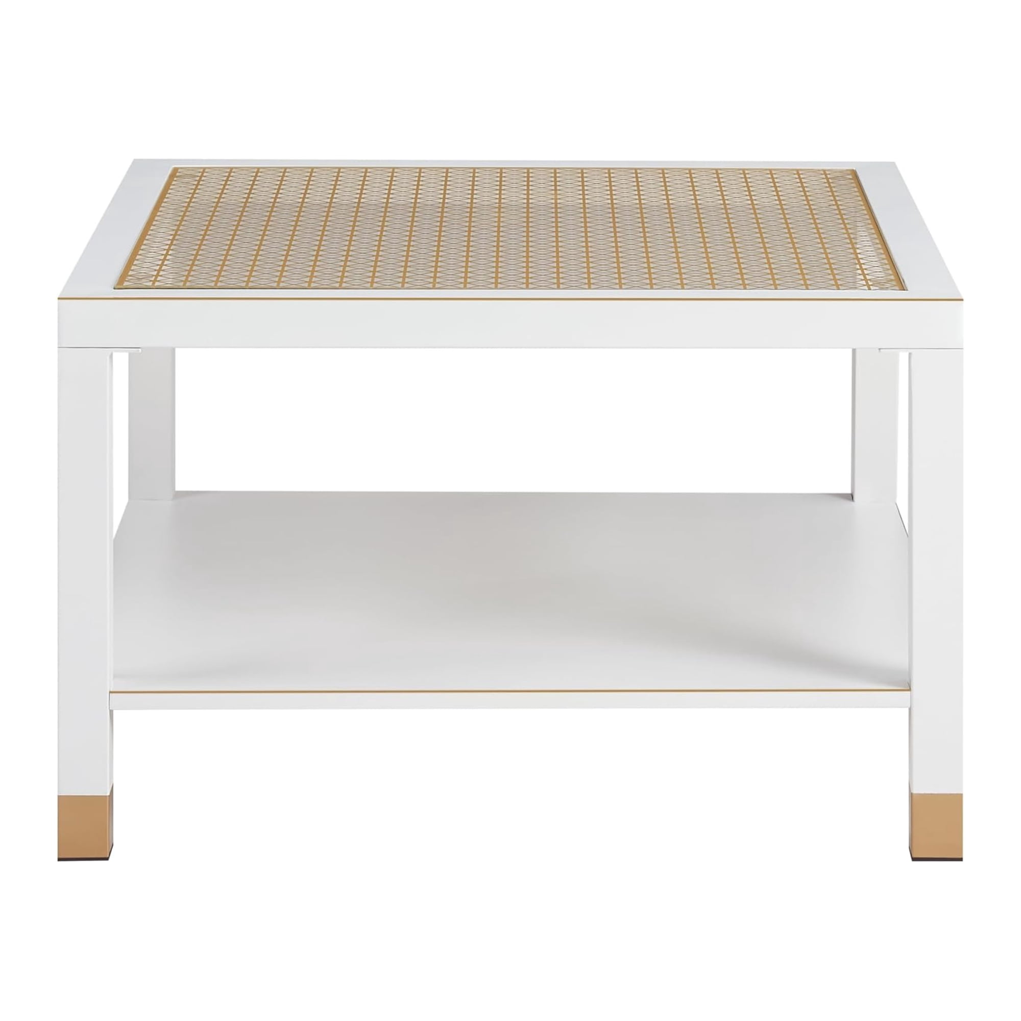 Leumius Modern Square Coffee Table, 27.6" Crisp Metal Frame, Luxe Gold Glass Top for Living Room Office White