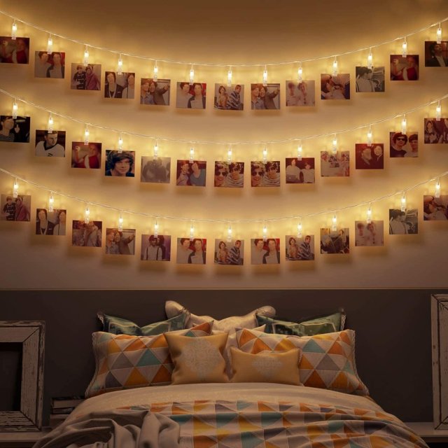 Cadena de luces LED de 4 metros con clips para fotos I Luces navideñas I 40 clips LED para fotos I blanco cálido I transparente I a pilas I foto mural Namotu MZQ-1222