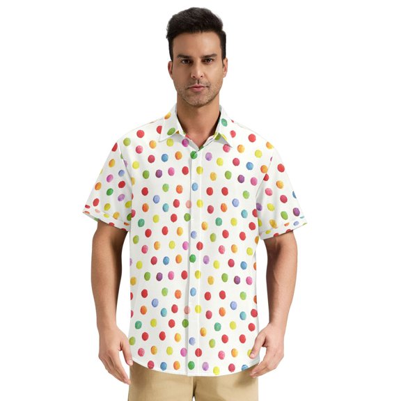 Men’s Stand Collar Short Sleeve Shirt Casual Button Down Summer Top Lightweight & Breathable Colored Polka Dots Pattern Small