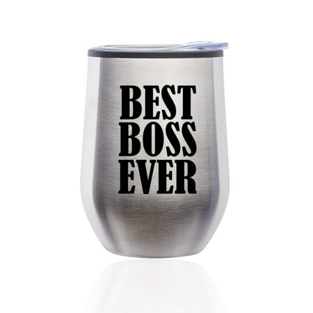

Stemless Wine Tumbler Coffee Travel Mug Glass with Lid Best Boss Ever (Silver)