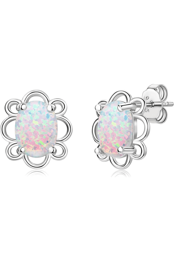 Sterling Silver Opal Flower Stud Earrings - Hypoallergenic Birthstone Jewelry Gifts for Birthday, Christmas