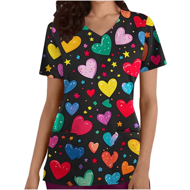 TaTaai Valentine Day Print Women Scrub Top Pure Cotton Loose Fit Short Sleeve V Neck Patch Pocket Soft Stretch Medical Work Casual Wear Gift