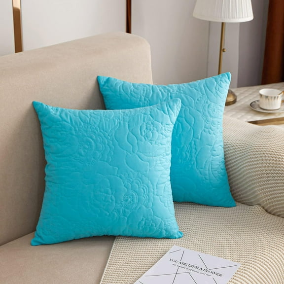 Quilted Floral Throw Pillow Covers 18x18 Inch Blue (Set of 2)