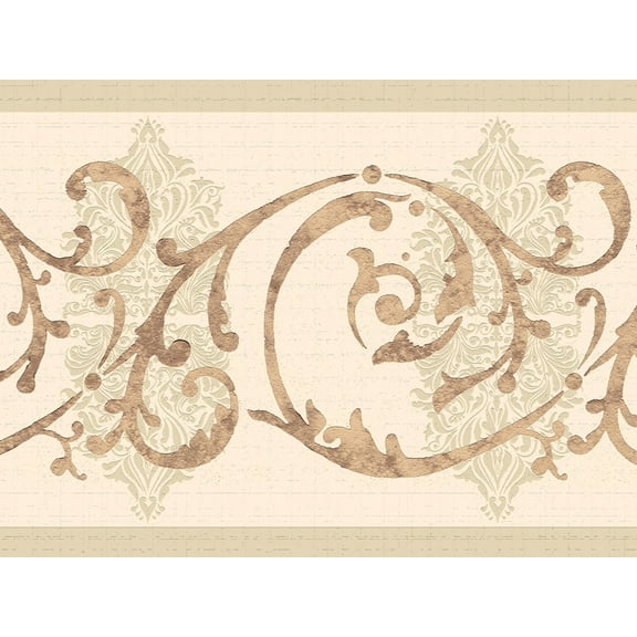 Dundee Deco's Peel and Stick Wallpaper Border - Damask Brown Beige Scrolls Wall Border Retro Design, 15 ft x 7 in, Self Adhesive