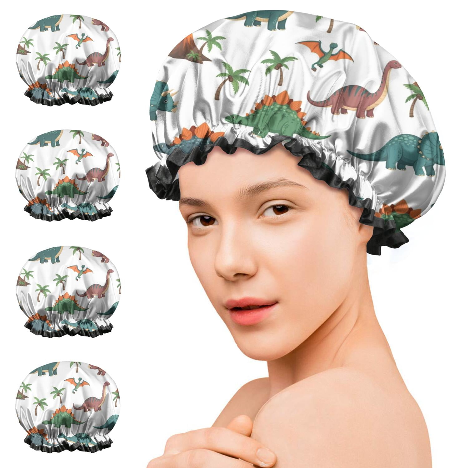 Shower Caps,White Cartoon Dinosaurs Volcanoes Pattern Waterproof Shower Cap for Women 4 Pieces,Double Reusable Hair Cover for Shower PEVA Elastic Stretch Hem