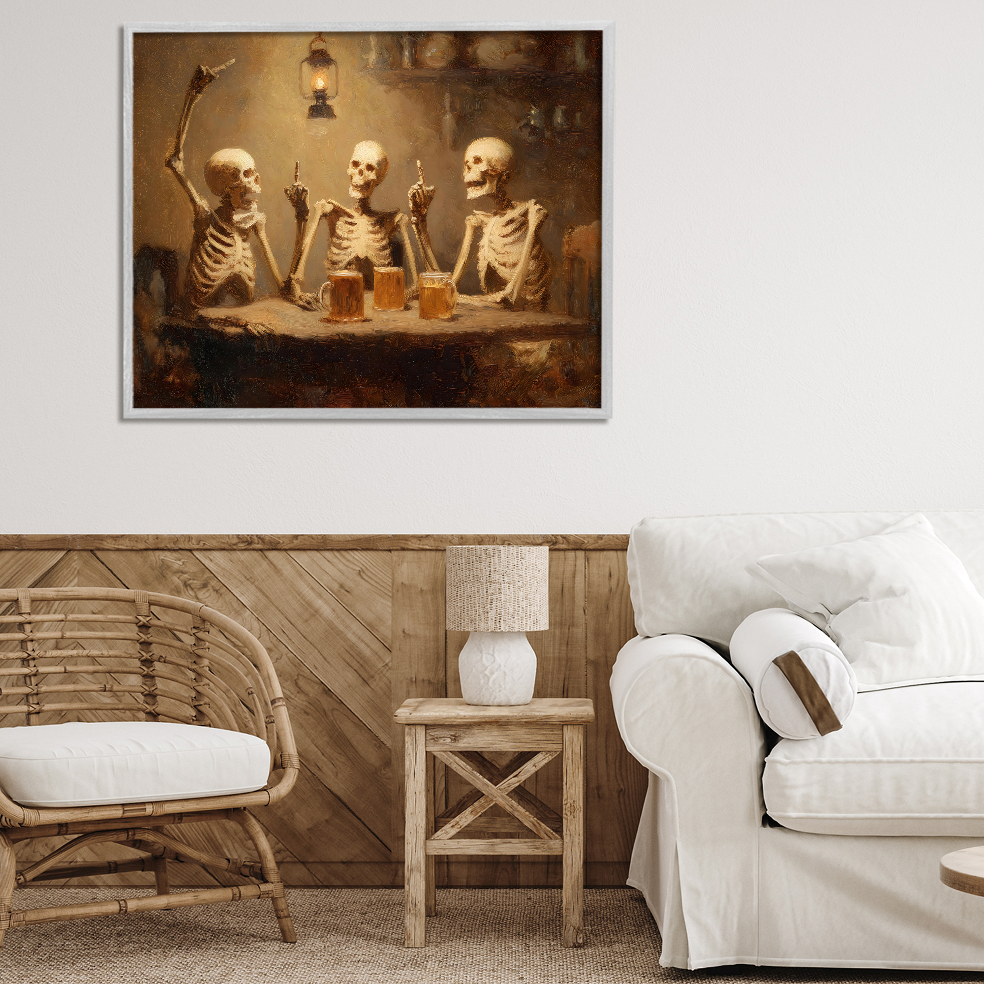 Skeletons Drinking at Tavern Gray Framed Giclee Art, design by Arlington Prints
