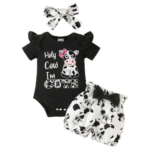 dmqupv Baby Outfits Girl Baby Girl Summer Clothes Going Home Outfit Ruffle Ribbed Romper Tops Floral Shorts Set + Headband Black,Size for 6-9 Months