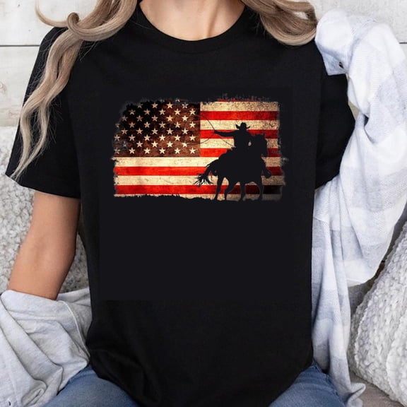 100% Cotton American Flag Cowboy Riding Horse Patriotic Western Design Men Women Unisex T-Shirt