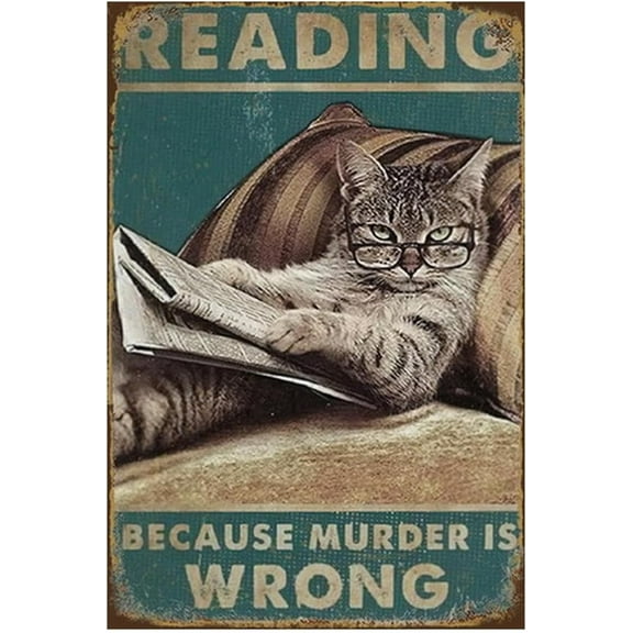 Husienzn Retro Tin Sign Metal Poster Aluminum Vintage Wall Décor, Reading Book Cat Murder is Wrong, Funny Decoration for Office Home Classroom Library Bedroom Cafe Club Bar Wall Art Plaque 8x12 Inch