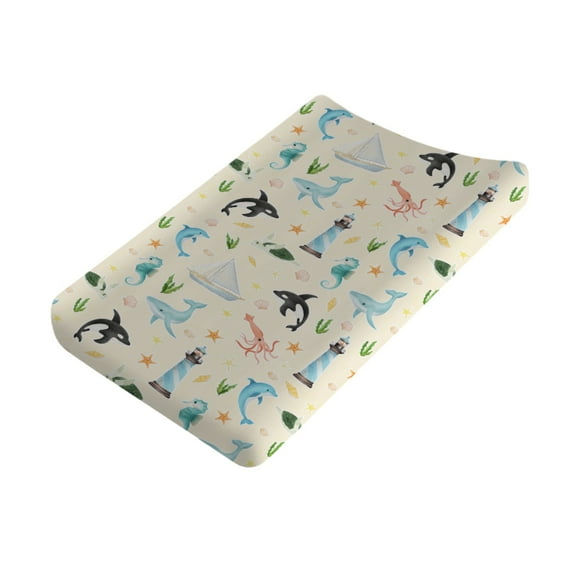 Baby Yellow Sea Animals Changing Pad Covers Whale Sea Horse Dolphin Corals Lighthouse Boat Diaper Change Table Sheets for Neutral Boy Girl Nautical Life Baby Changing Table Mats 32''x16''