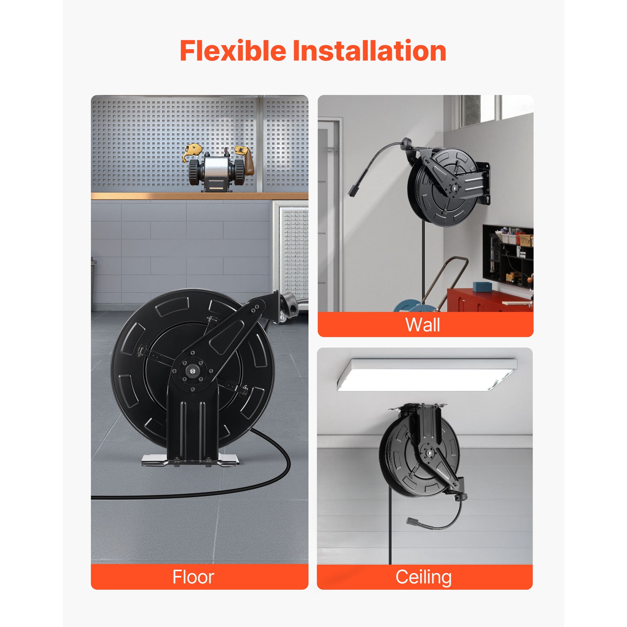 KFFKFF Retractable Pressure Washer Hose Reel, 50 ft x 3/8 inch, Heavy-Duty Steel, 4000 PSI Max, Auto-Rewind, Wall/Floor Mount for Car Wash, Garden, and Floor Cleaning