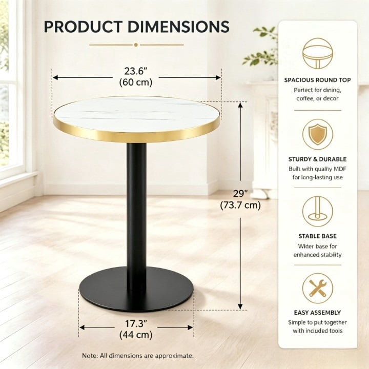 23.6" Round Light Luxury Coffee Table, UV Paint MDF Marble Texture Countertop with Stainless Steel Edging, Sturdy Metal Leg Side Table for Living Room Bedroom Entryway Office