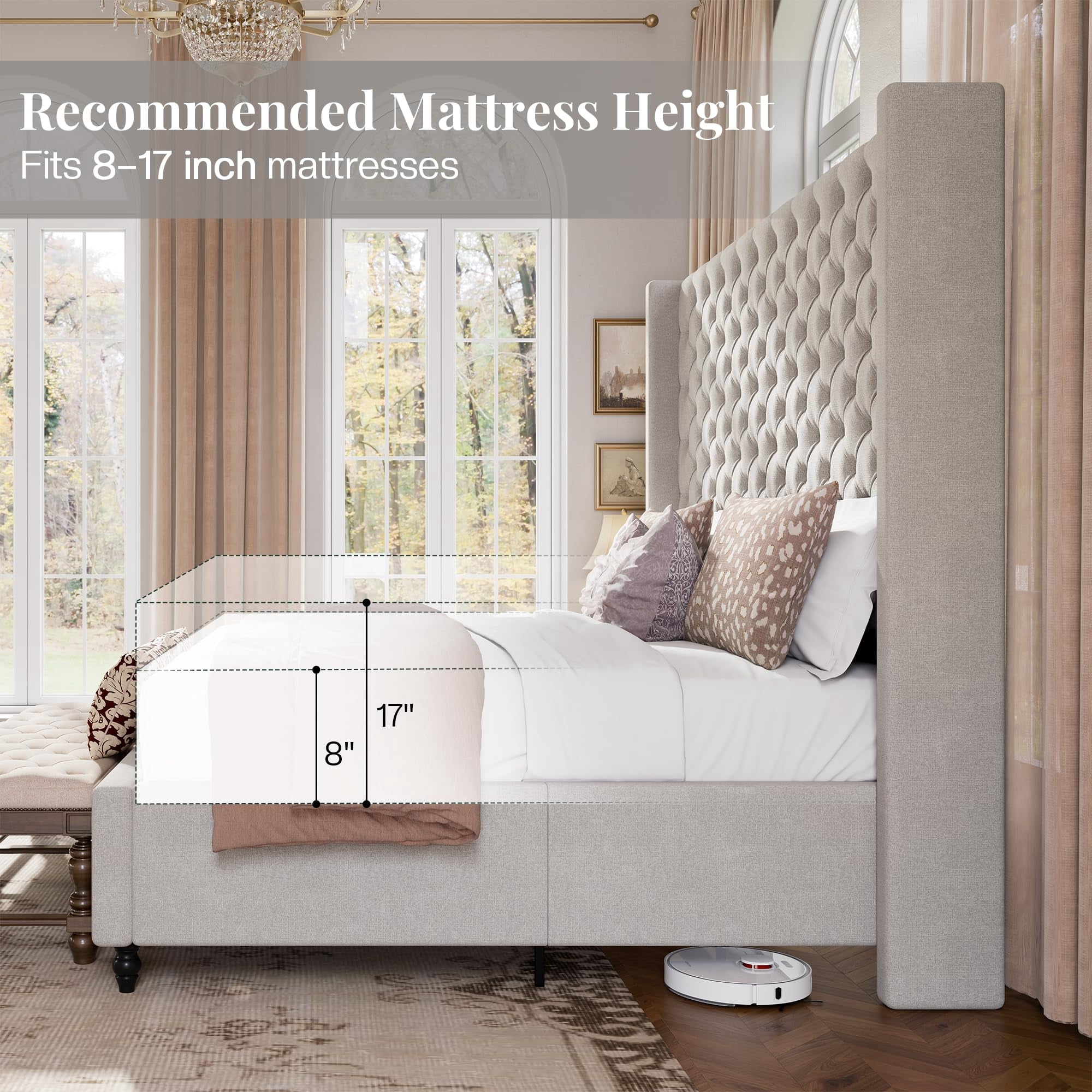 Amerlife King Size Bed Frame with 65" Tall Headboard, Upholstered Wingback Platform Design, Solid Wood Legs, Grey
