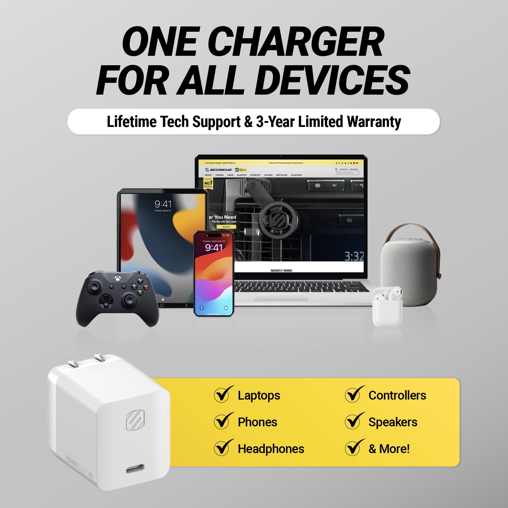 Scosche HPDC45WT-SP PowerFlux 45W Home Wall Charger Block USB-C Fast Charge White
