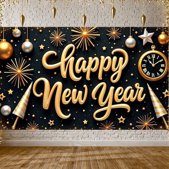 Gold Theme Happy New Year Banner Black Background Festive Backdrop Firework Design Star Decoration Holiday Background for New Year Party Holiday Celebration Indoor Decoration