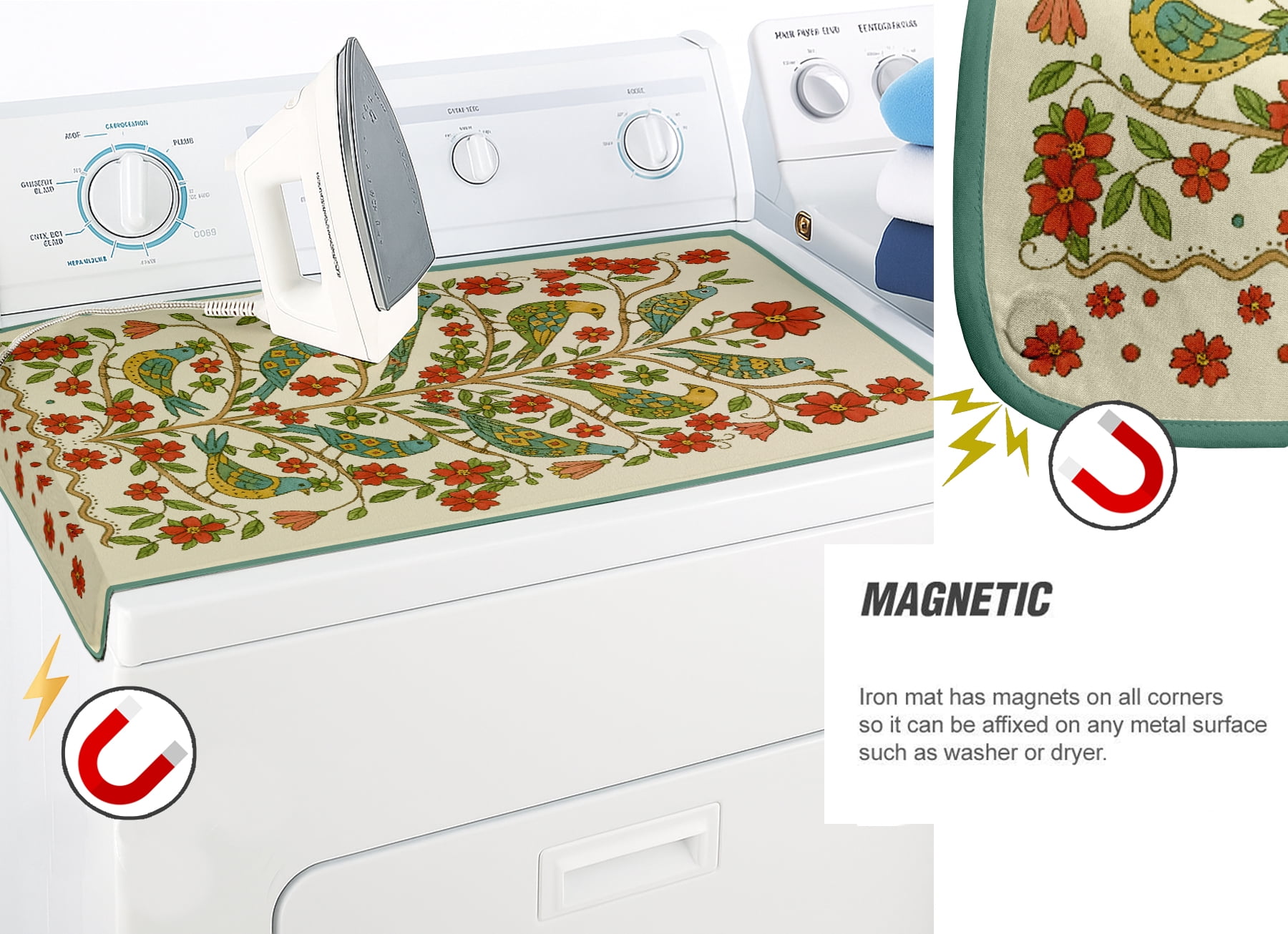 Vargottam Magnetic Ironing Mat - Foldable Cotton Iron Mat with Fiber Pad & Silicone Iron Rest - Portable, Washable, Travel-Friendly Ironing Board Alternative for Tabletop, Washer, Dryer - Bird