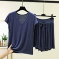 thumbnail image 2 of TEAJOPSUU Women's Pajama Set V-Neck Short Sleeve Sleepwear Top with Ruffle Hem Drawstring Waist Shorts Soft Lounge Set A-Blue, 2 of 5