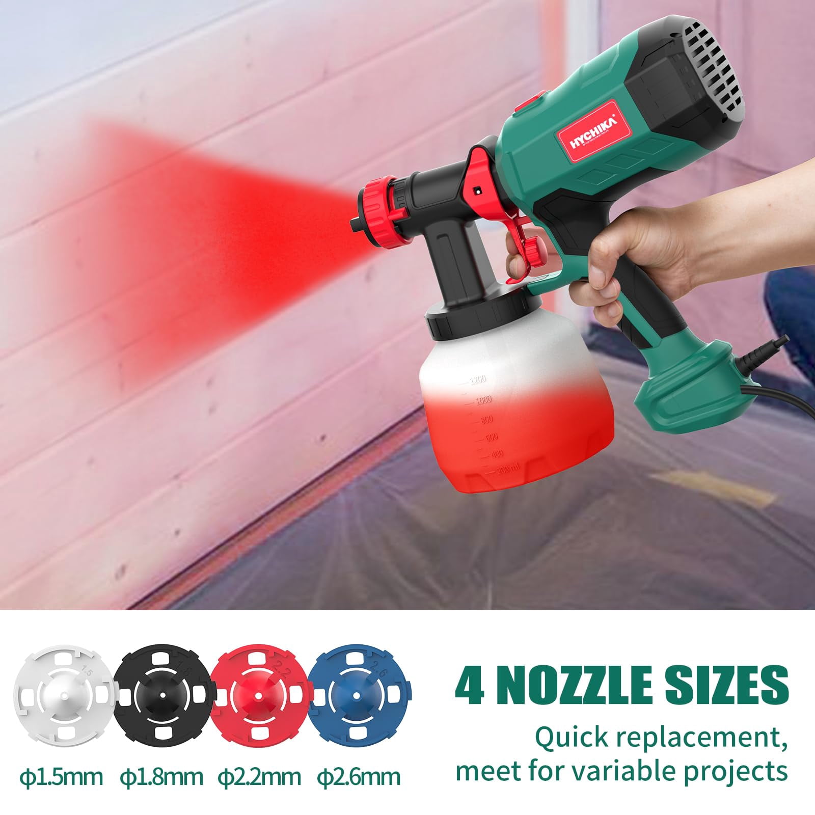 HYCHIKA 600W Electric Green Power Paint Sprayer, 1200ml