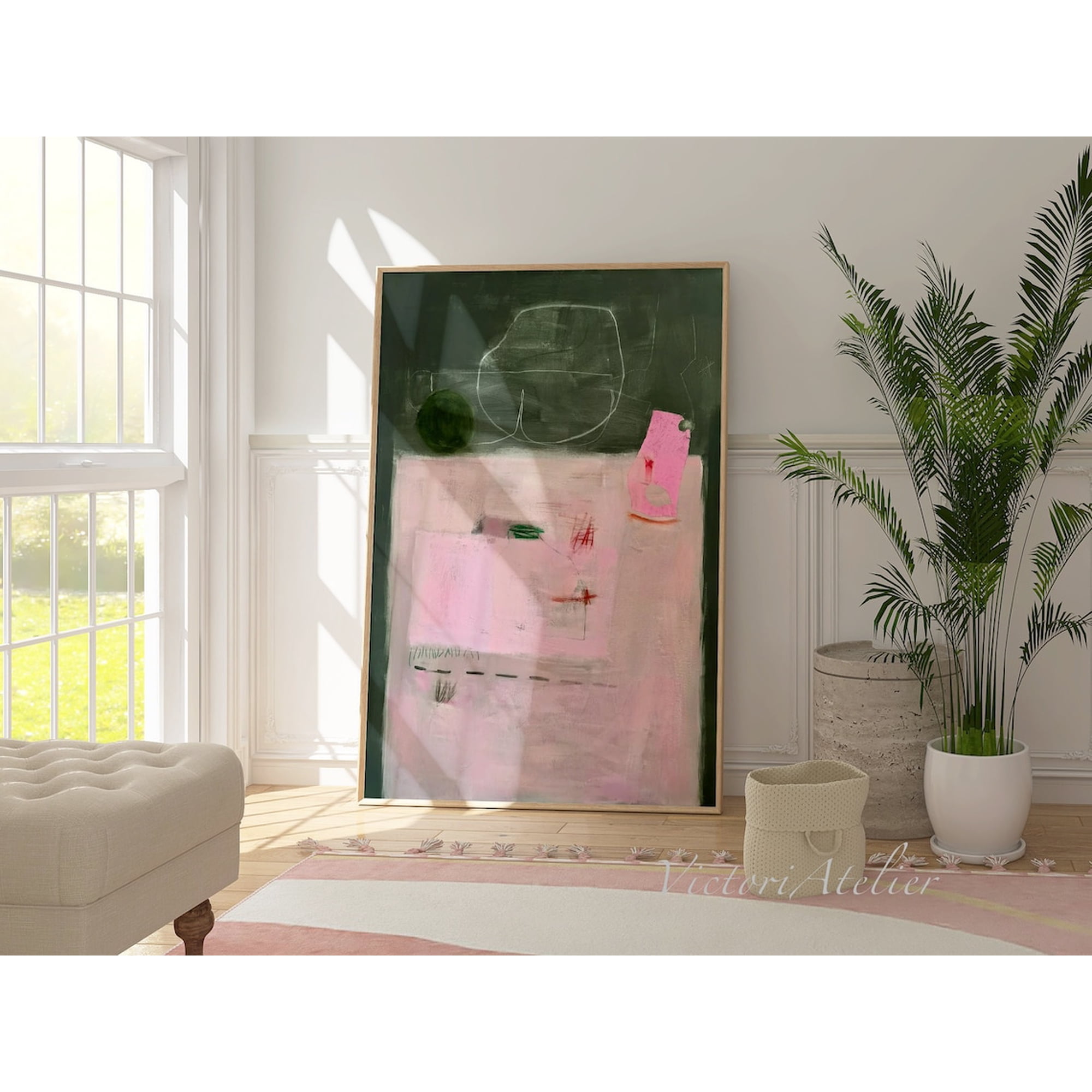 Light Pink Forest Green Abstract Wall Art Print Modern Decor Unframed Paper Print