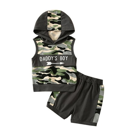 

Bebiullo Infant Baby Boys Camouflage Hooded Sweatshirt Tanks + Short Pants 2pcs Outfits Set Camouflage 18-24 Months