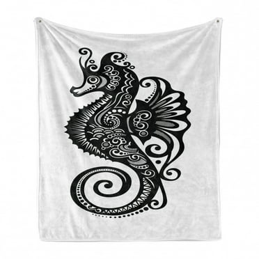 Seahorse Soft Flannel Fleece Throw Blanket, Graphic Pattern of Silhouette Seahorse with Swirls, Cozy Plush for Indoor and Outdoor Use, 70" x 90", Black and White, by Ambesonne