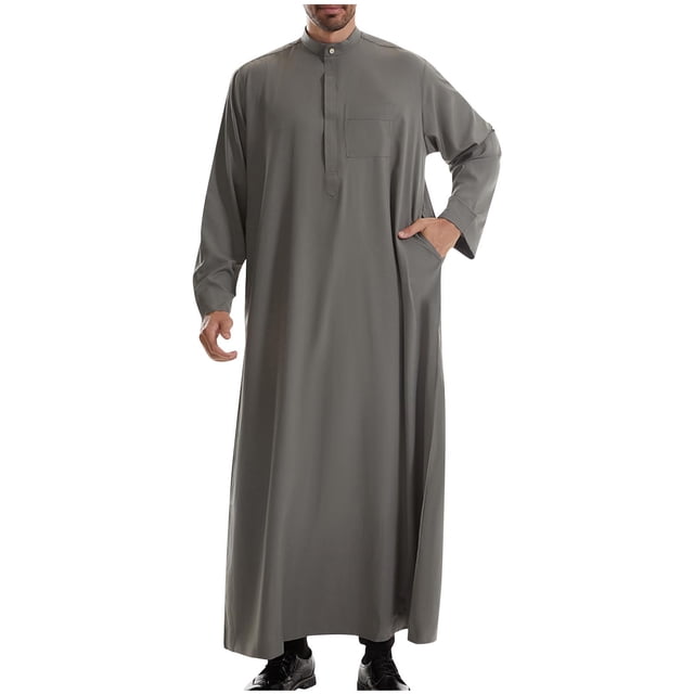 Xuniizn Men's Solid Muslim Robe Arab Middle Robe Long Style Long Sleeve Standing Neck Pocket with Zipper Pullover Fashion Casual Robe