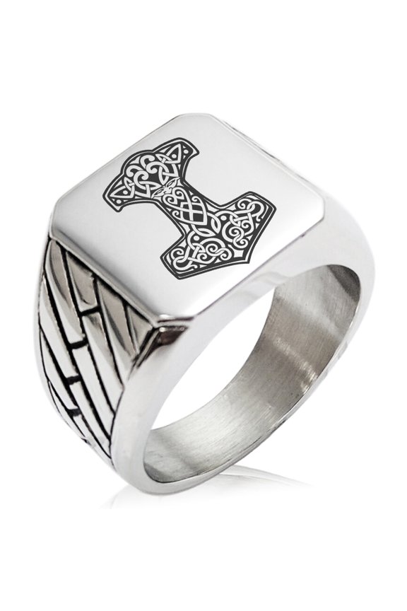 Stainless Steel Thor's Hammer Mjolnir Knot Viking Norse Geometric Pattern Biker Style Polished Ring