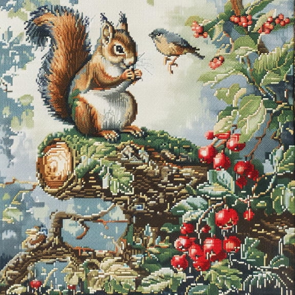 Cute Squirrel and Bird in Garden DIY 11CT Stamped Cross Stitch Kits for Beginners Easy Needlepoint Embroidery Counted Cross Stitch Art Craft for Wall Decoration 14x14inch(10)