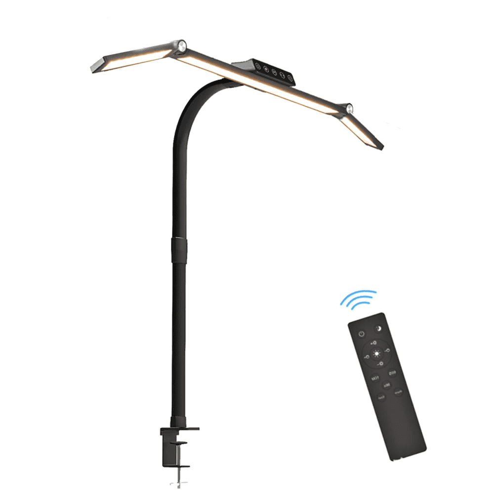 Large LED Desk Lamp with Clamp, 24W Double Head Desk Light, Stepless Dimmable Swing Arm Office Lamp with Remote for Home Office, Study