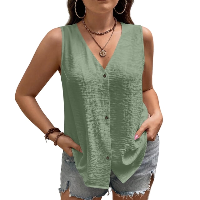 Tops de Color Sólido para las Mujeres Botón Cuello Redondo 3/4 Manga Blusa Casual, las Mujeres de Entrenamiento Tops Suave Transpirable