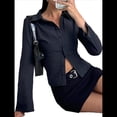thumbnail image 3 of Camisas de Mujer con Botones, Larga A Rayas, Cuello, Blusas Informales de Trabajo, Conjuntos Modernos Azul Marino S, 3 of 8
